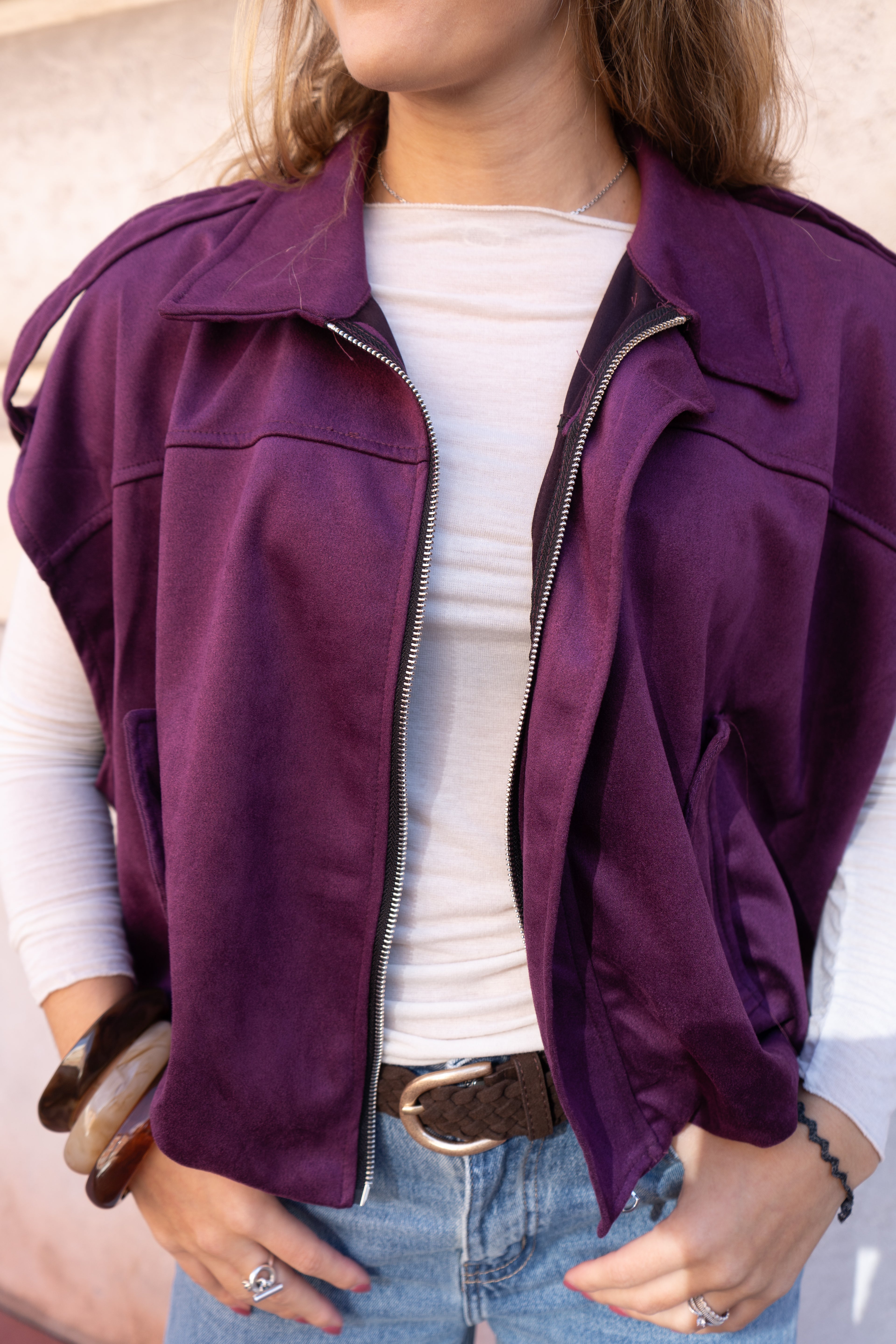 VESTE SANS MANCHE DAIM - AUBERGINE